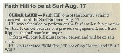 Hill, Faith / To Be at The Surf Aug. 17 | Newspaper Article | August 1995