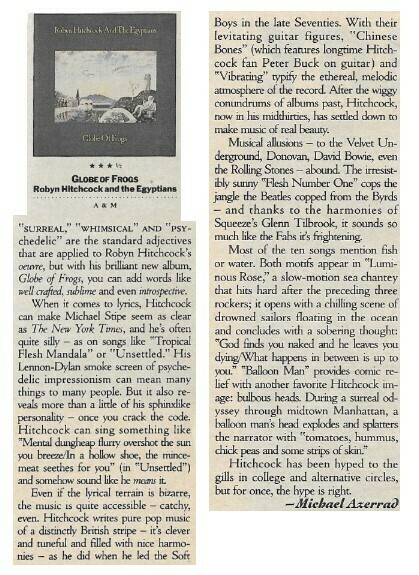 Hitchcock, Robyn / Globe of Frogs | Magazine Review | March 1988
