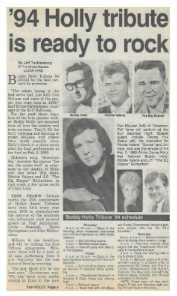 Holly, Buddy / Tribute - Surf Ballroom - Clear Lake, IA | Newspaper Articles | February 1994