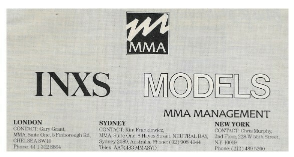 INXS / MMA Management | Magazine Ad | November 1985