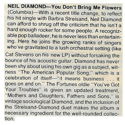 Diamond, Neil / You Don&#39;t Bring Me Flowers | Magazine Review | January 1979