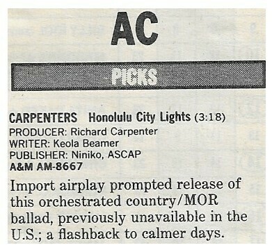 Carpenters / Honolulu City Lights | Magazine Review | 1986