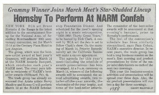 Hornsby, Bruce / Hornsby to Perform at NARM Confab | Magazine Article | 1988