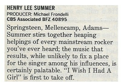 Summer, Henry Lee / Henry Lee Summer | Magazine Review | March 1988