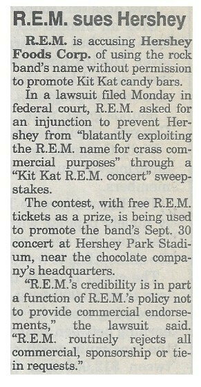 R.E.M. / R.E.M. Sues Hershey | Newspaper Article | August 1995