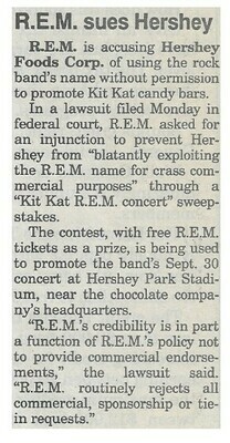 R.E.M. / R.E.M. Sues Hershey | Newspaper Article | August 1995