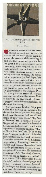 R.E.M. / Automatic for the People | Magazine Review | December 1992