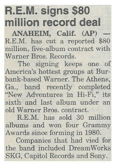 R.E.M. / R.E.M. Signs $80 Million Record Deal | Newspaper Article | August 1996