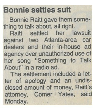 Raitt, Bonnie / Bonnie Settles Suit | Newspaper Article | April 1995