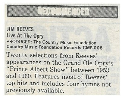 Reeves, Jim / Live At the Opry | Magazine Review | December 1986