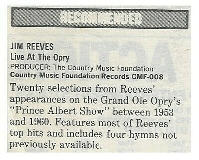 Reeves, Jim / Live At the Opry | Magazine Review | December 1986