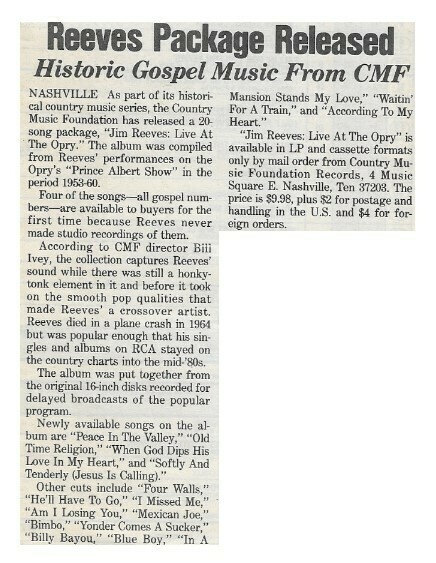 Reeves, Jim / Reeves Package Released | Magazine Article | December 1986