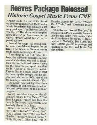 Reeves, Jim / Reeves Package Released | Magazine Article | December 1986