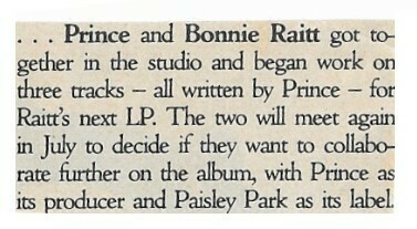 Raitt, Bonnie / Prince and Bonnie Raitt Got Together in the Studio | Magazine Article | June 1987
