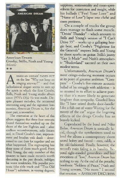 Crosby, Stills, Nash + Young / American Dream | Magazine Review | January 1989