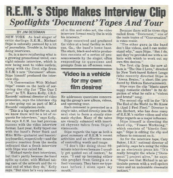 R.E.M. / R.E.M.&#39;s Stipe Makes Interview Clip | Magazine Article | April 1987