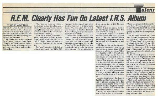 R.E.M. / R.E.M. Clearly Has Fun On Latest I.R.S. Album | Magazine Article | August 1986