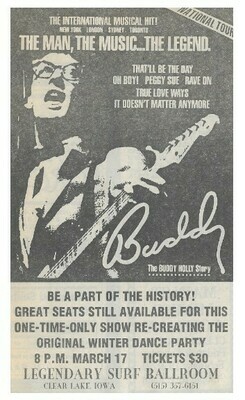 Holly, Buddy / The Buddy Holly Story (Musical)-Clear Lake, IA | Newspaper Ad | March 1992