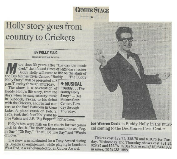 Holly, Buddy / Holly Story Goes From Country to Crickets | Newspaper Article | 1992 | Joe Warren Davis