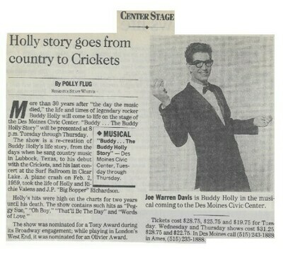 Holly, Buddy / Holly Story Goes From Country to Crickets | Newspaper Article | 1992 | Joe Warren Davis
