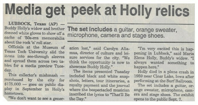 Holly, Buddy / Media Get Peek at Holly Relics | Newspaper Article | July 1995
