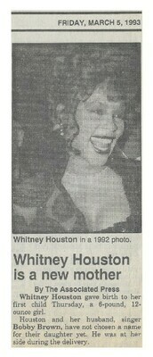 Houston, Whitney / Whitney Houston is a New Mother | Newspaper Article | March 1993
