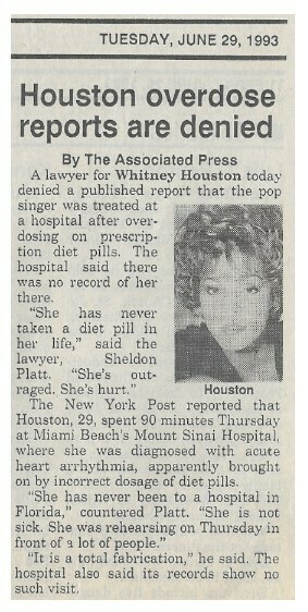 Houston, Whitney / Houston Overdose Reports Are Denied | Newspaper Article | June 1993