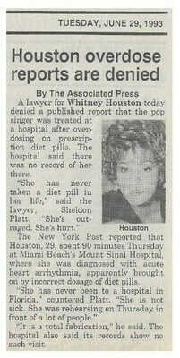 Houston, Whitney / Houston Overdose Reports Are Denied | Newspaper Article | June 1993