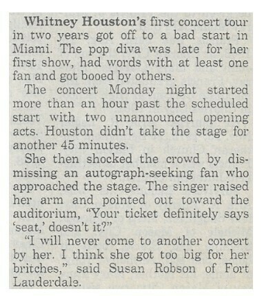 Houston, Whitney / First Concert Tour in Two Years-Bad Start | Newspaper Article | July 1993