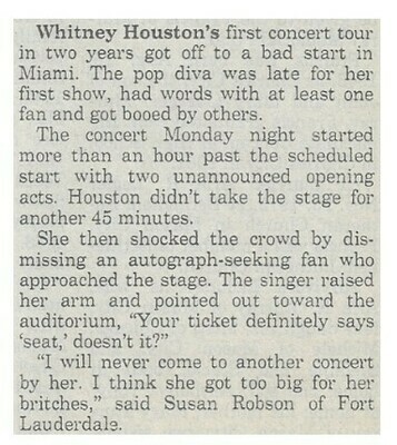Houston, Whitney / First Concert Tour in Two Years-Bad Start | Newspaper Article | July 1993