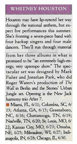Houston, Whitney / Tour Dates and Story | Magazine Article | 1991