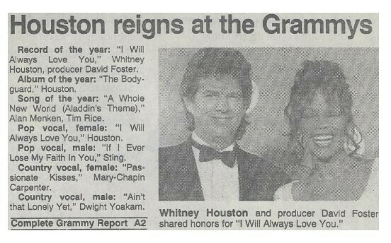 Houston, Whitney / Houston Reigns at Grammys | Newspaper Article | March 1994 | with David Foster