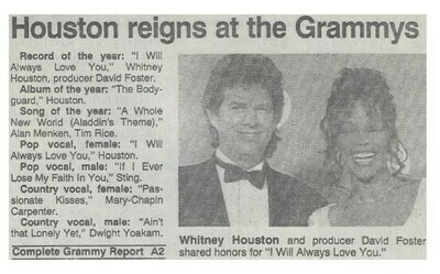 Houston, Whitney / Houston Reigns at Grammys | Newspaper Article | March 1994 | with David Foster