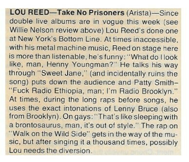 Reed, Lou / Take No Prisoners | Magazine Review | December 1978