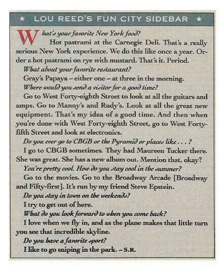 Reed, Lou / Lou Reed&#39;s Fun City Sidebar | Magazine Article | July 1989