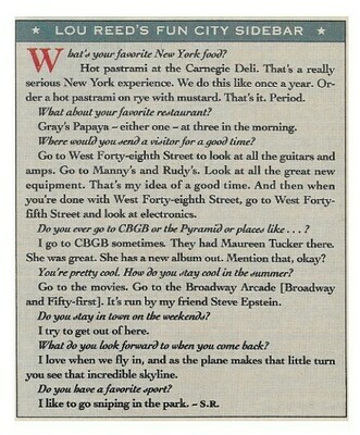 Reed, Lou / Lou Reed&#39;s Fun City Sidebar | Magazine Article | July 1989