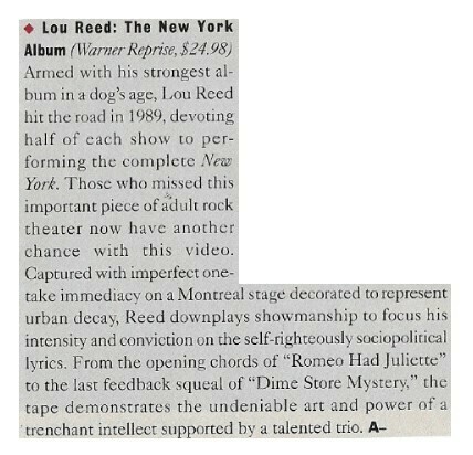 Reed, Lou / The New York Album | Magazine Review | 1989