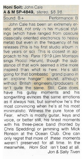 Cale, John / Honi Soit | Magazine Review | June 1981