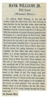 Williams, Hank (Jr.) / Wild Streak | Magazine Review | 1988 | by Roman Mitz