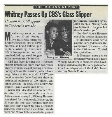 Houston, Whitney / Whitney Passes Up CBS&#39;s Glass Slipper | Magazine Article | 1997 | with Brandy