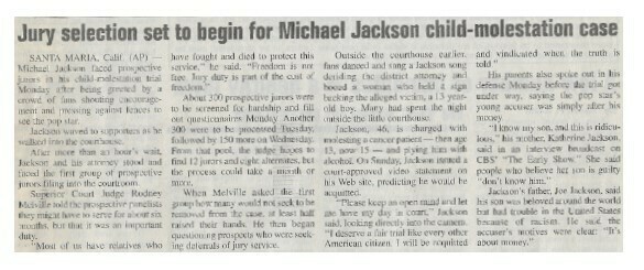 Jackson, Michael / Jury Selection Set to Begin for Michael Jackson Child-Molestation Case | Newspaper Article | February 2005