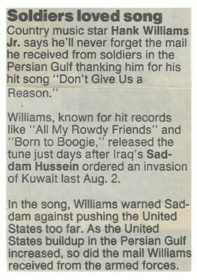 Williams, Hank (Jr.) / Soldiers Loved Song | Newspaper Article | 1990