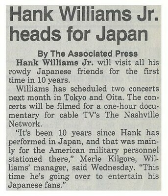 Williams, Hank (Jr.) / Hank Williams Jr. Heads for Japan | Newspaper Article | March 1994