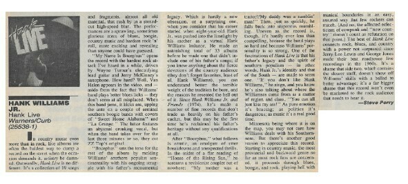 Williams, Hank (Jr.) / Hank Live | Magazine Review | March 1987 | by Steve Perry