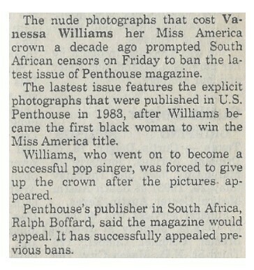 Williams, Vanessa / Photographs Banned in South Africa | Newspaper Article | May 1993