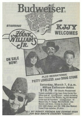 Williams, Hank (Jr.) / Budweiser Rock&#39;n Country Tour | Concert Ad | March 1992 | with Patty Loveless + Doug Stone