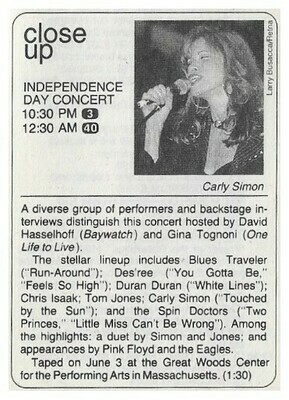 Simon, Carly / Independence Day Concert (Close Up) | Magazine Article | July 1995