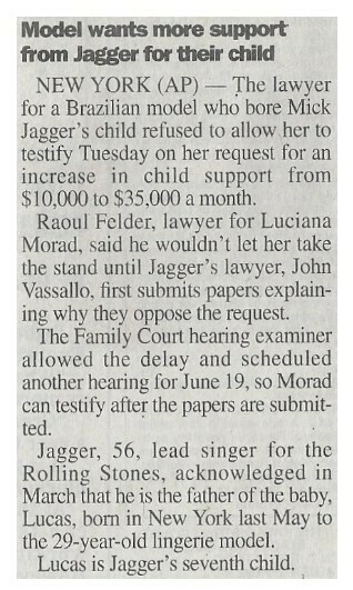 Jagger, Mick / Model Wants More Support from Jagger for Their Child | Newspaper Article | May 2000