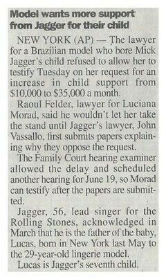 Jagger, Mick / Model Wants More Support from Jagger for Their Child | Newspaper Article | May 2000