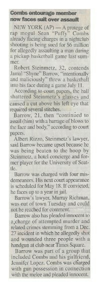 Combs, Sean (Puffy) / Combs Entourage Member Now Faces Suit Over Assault | Newspaper Article | May 2000